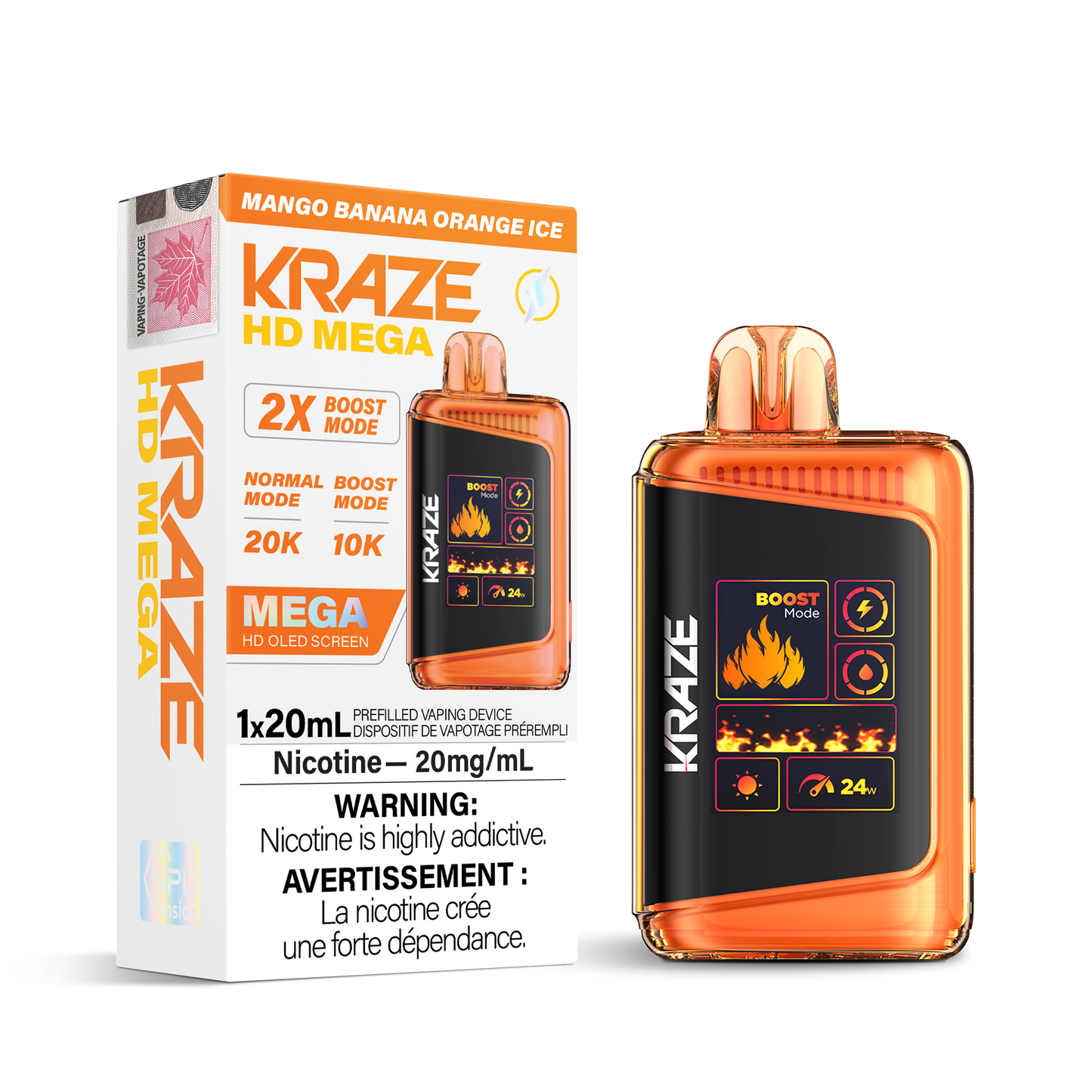 Kraze HD Mega 20K Mango Banana Orange Ice 20mg/mL disposable (Provincial)