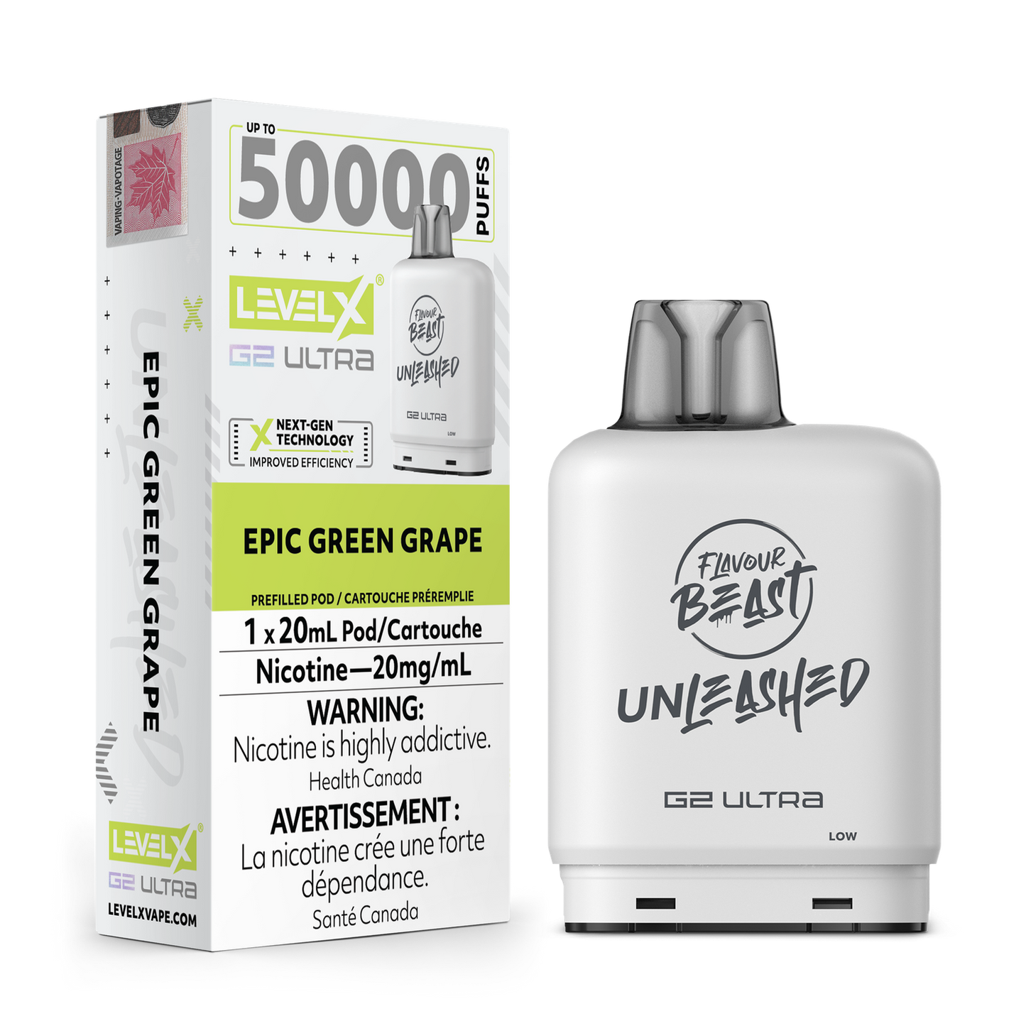 Flavour Beast Unleashed Level X G2 Ultra pod 50k Epic Green Grape 20mg/mL (Provincial)