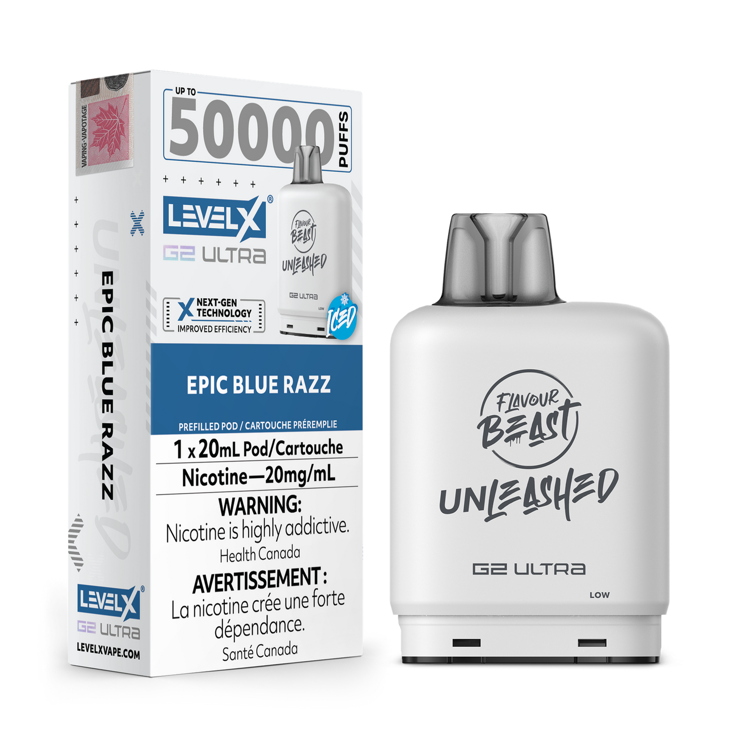 Flavour Beast Unleashed Level X G2 Ultra pod 50k Epic Blue Razz Iced 20mg/mL (Provincial)