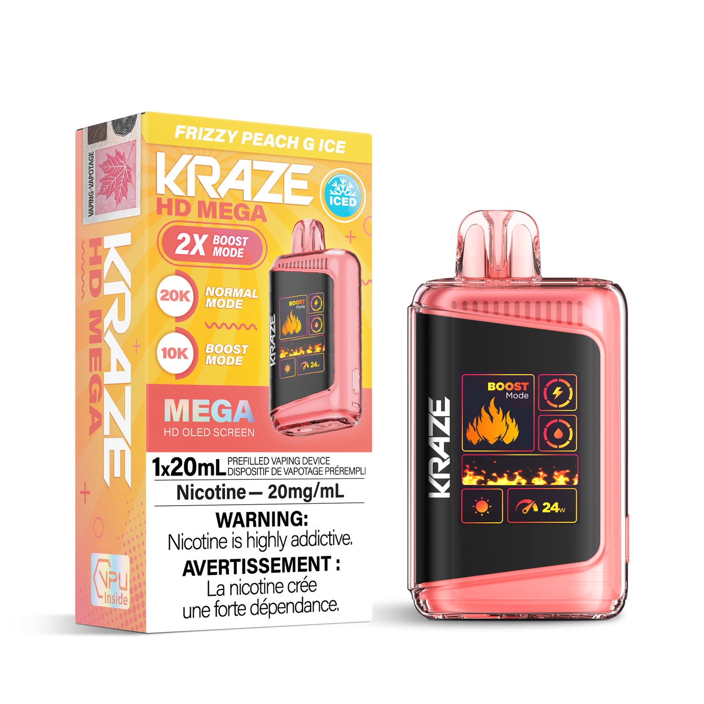 Kraze HD Mega 20K Frizzy Peach G Ice 20mg/mL disposable (Provincial)