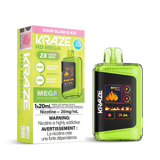 Kraze HD Mega 20K Sour Slam G Ice 20mg/mL disposable (Provincial)