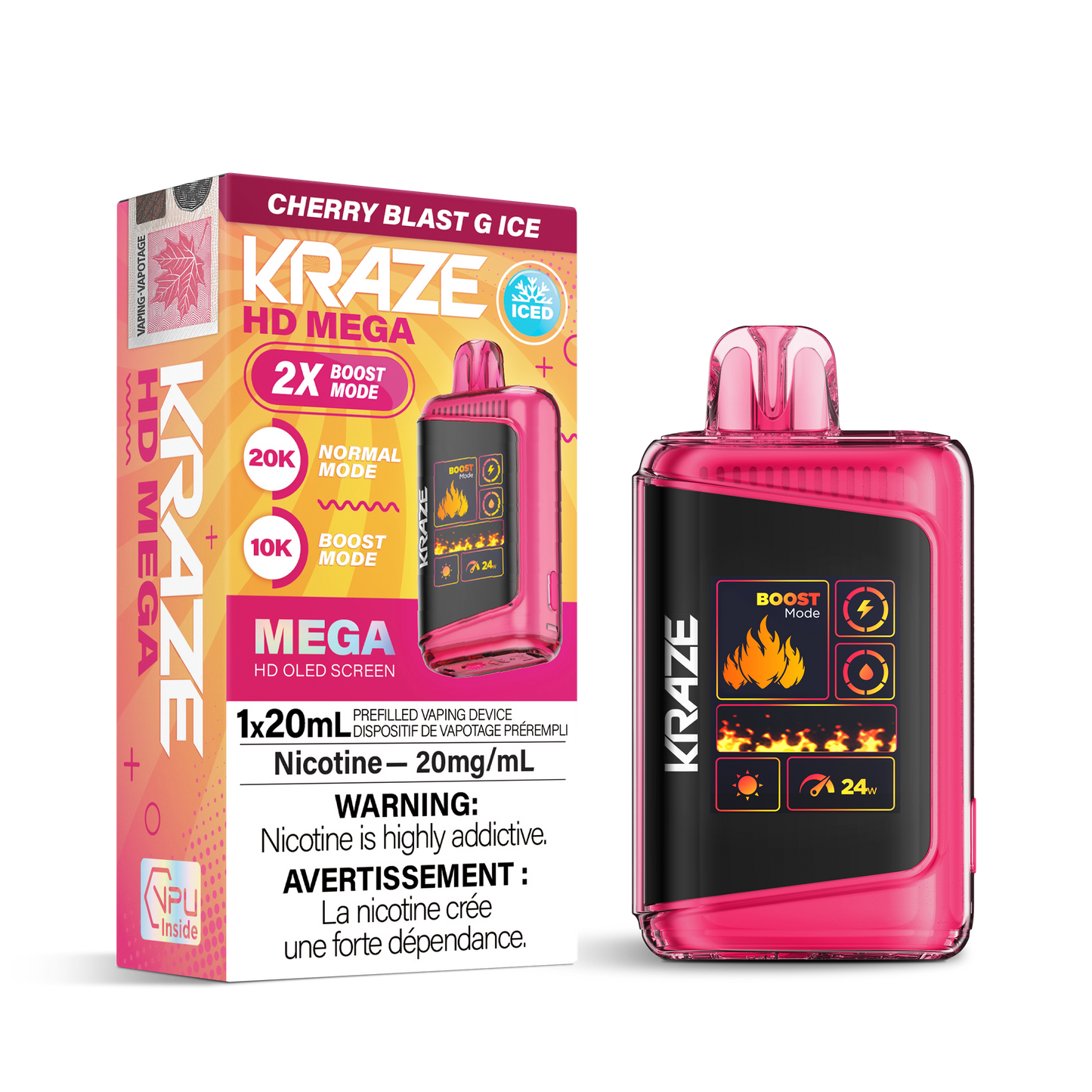 Kraze HD Mega 20K Cherry Blast G Ice 20mg/mL disposable (Provincial)