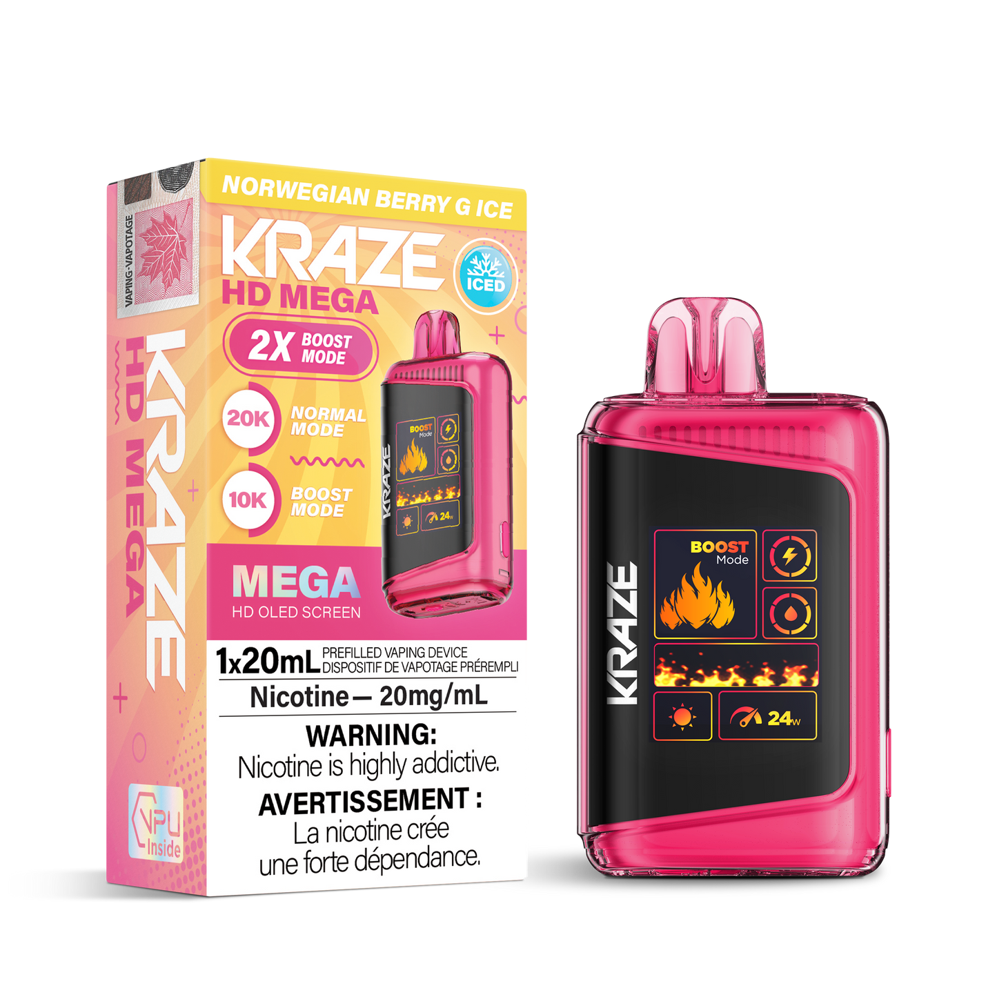 Kraze HD Mega 20K Norwegian Berry G Ice 20mg/mL disposable (Provincial)