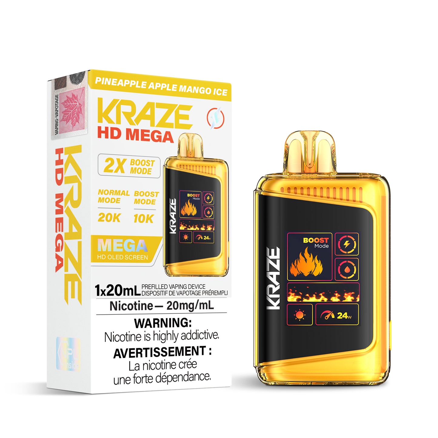 Kraze HD Mega 20K Pineapple Apple Mango Ice 20mg/mL disposable (Provincial)