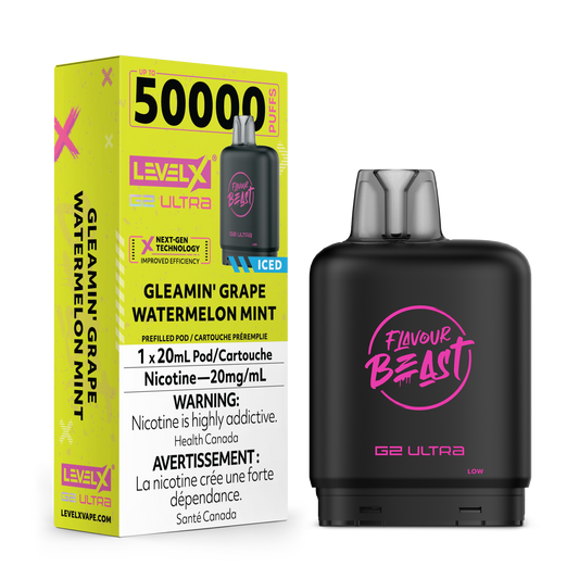 Flavour Beast Level X G2 Ultra Pod 50k Gleamin’ Grape Watermelon Mint Iced 20mL 20mg/ml (Provincial)